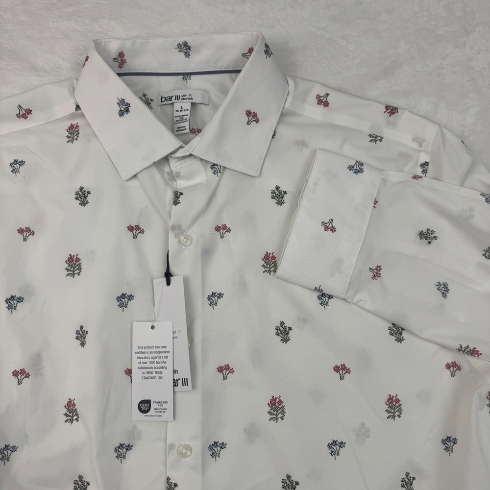 Bar III Mens Slim Fit Stretch Dress Shirt Floral White Red Large 16-16.5